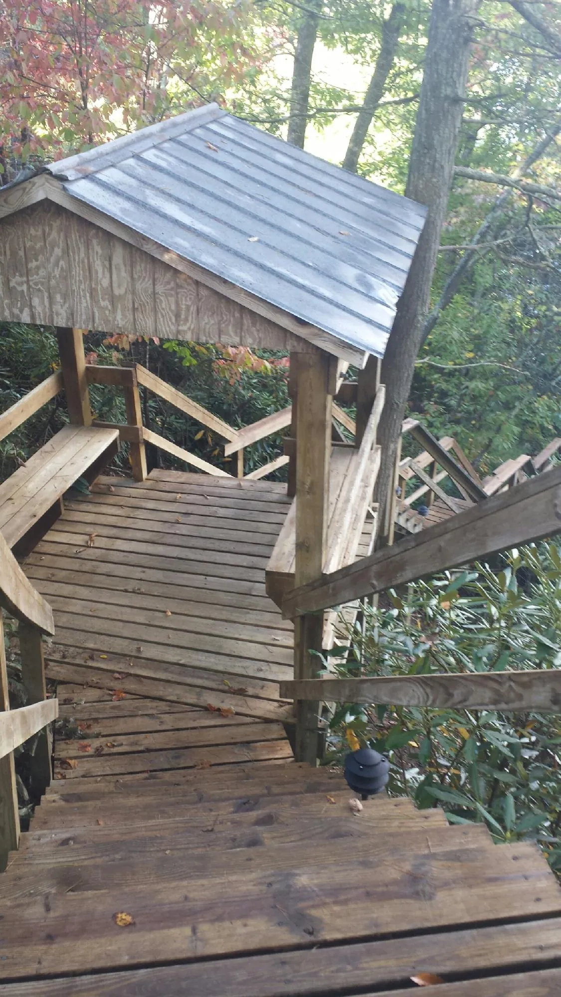 Metal roofed shelter over wooden steps on a wooded walkway — Skylight Repair & Installation work by our crew in Castalian Springs