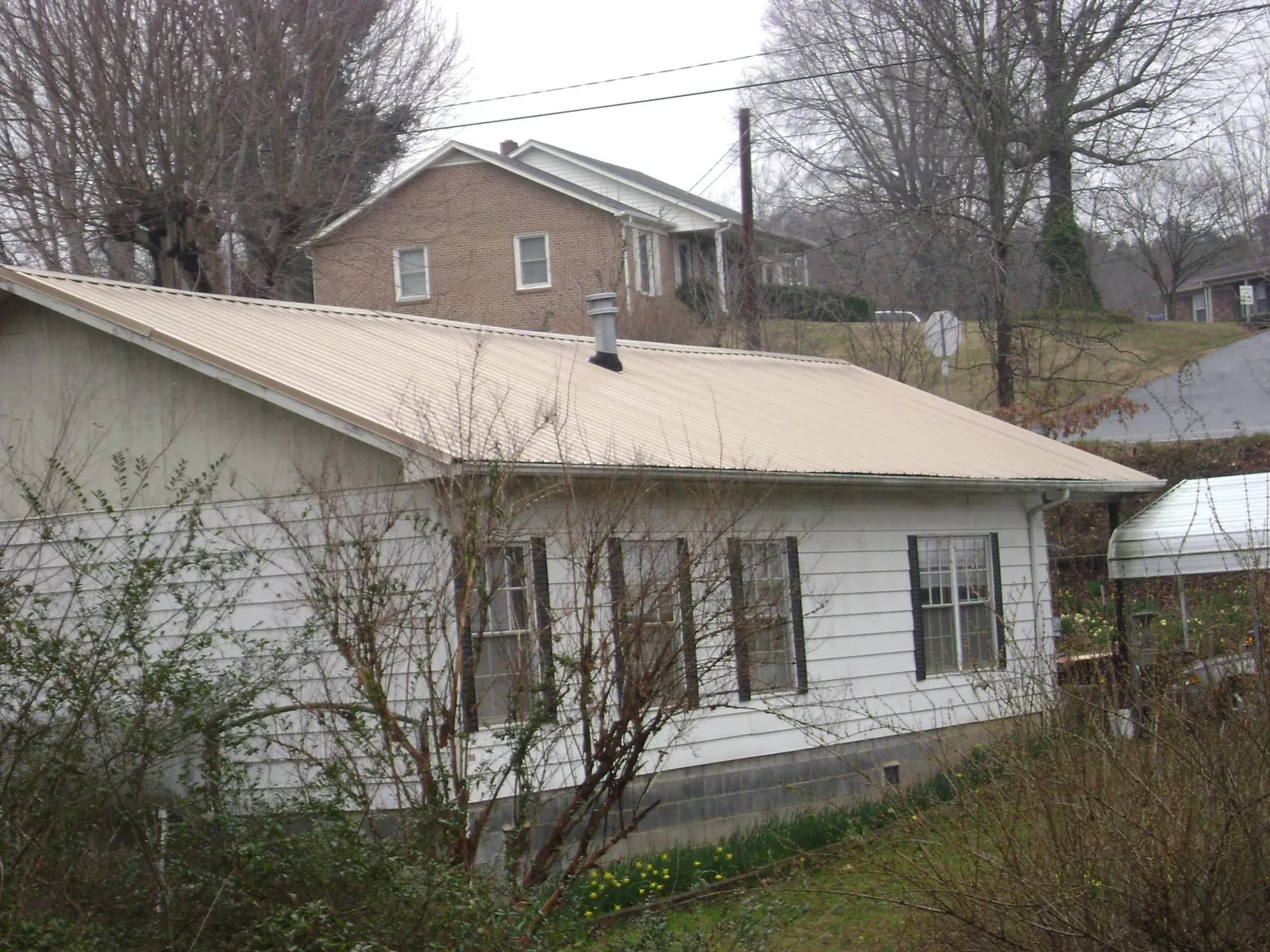 Tan metal roof on a white sided house set into a hillside — Commercial Roofing by Roofing Brothers in Castalian Springs